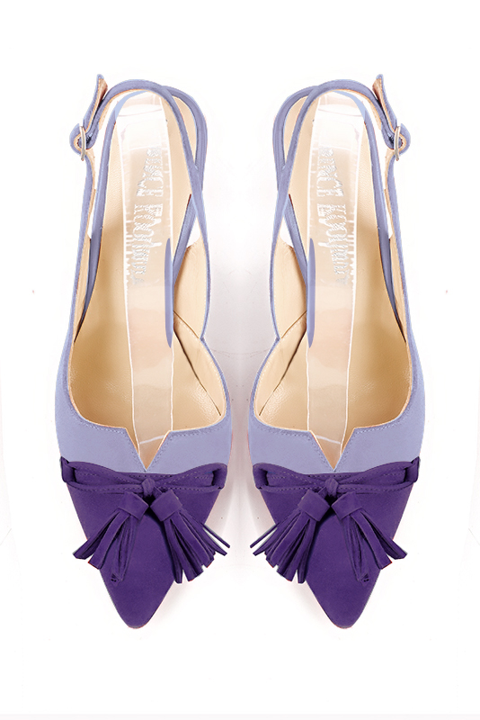Violet purple women's open back shoes, with a knot. Tapered toe. Medium slim heel. Top view - Florence KOOIJMAN